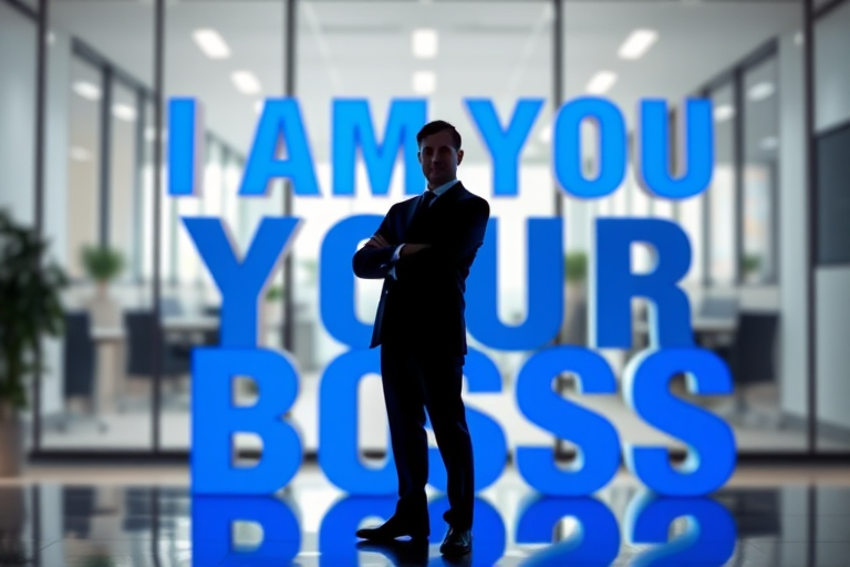 Regenerate an image of a silhouetted businessman standing confidently with arms crossed in front of a modern office backdrop displaying the text "I AM YOUR BOSS" in bold blue letters, using a DSLR camera with a 50mm lens, aperture set to f/1.8 for a shallow depth of field, ISO 100, and a slightly angled view for a dynamic perspective.