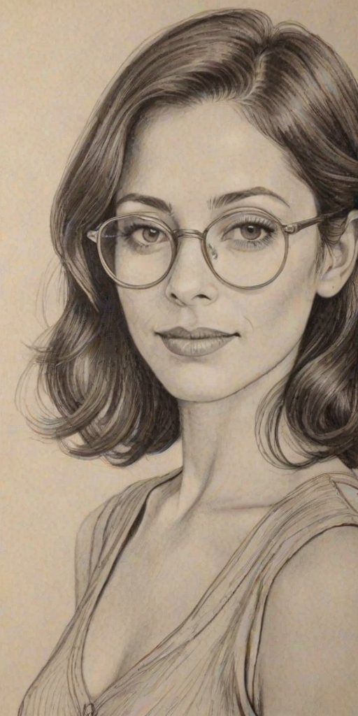 Captivating Emmanuelle Vaugier, pencil sketch, portrait of Attractive woman 1926s in glasses, hair style beatnik, outline, clear lines, fine lines, 8k