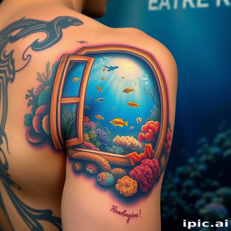 Hyper-realistic 3D tattoo on the shoulder blade, creating the illusion of a window opening to reveal a breathtaking underwater scene with coral reefs and tropical fish