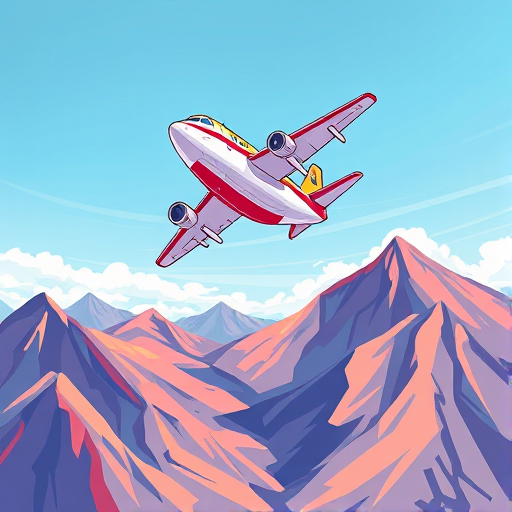 Create a vibrant illustration of a cartoon airplane flying above a simple landscape with mountains, using a wide-angle lens with an aperture of f/8, shutter speed of 1/200s, ISO 100, in a digital painting style with high saturation and contrast.