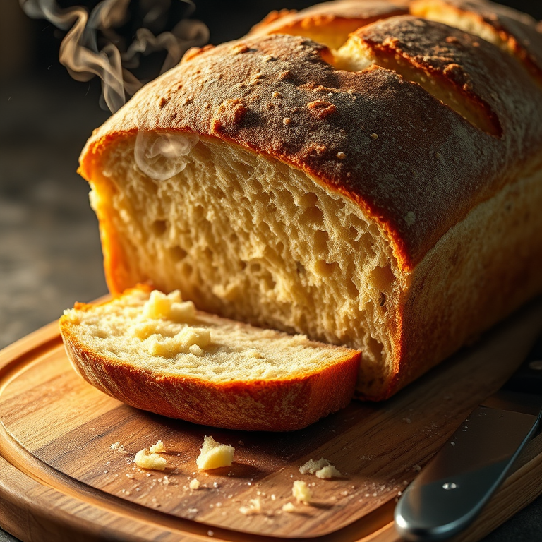 Warmly lit, close-up photo of a loaf of freshly baked bread being sliced, soft crumbs falling onto a wooden cutting board, with steam rising from the warm interior and a butter knife nearby.