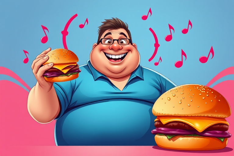 Create a vibrant digital illustration of a cheerful overweight man holding a burger, surrounded by playful sound waves, with a large burger next to him, using a Canon EOS R5, 50mm lens, f/2.8 aperture, in a bright studio setting with high contrast and vivid colors.