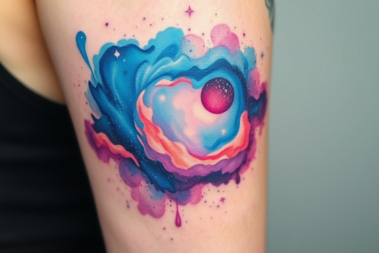 Cosmic watercolor tattoo portraying a nebula-inspired galaxy scene, vibrant swirls of blues, purples, and pinks, ethereal stardust and celestial bodies, dreamy and otherworldly