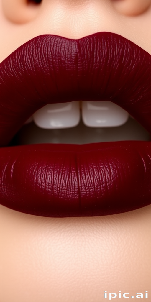 Matte burgundy lips with a perfectly defined cupid's bow and rich, deep color payoff, called "Vintage Vamp Velvet"