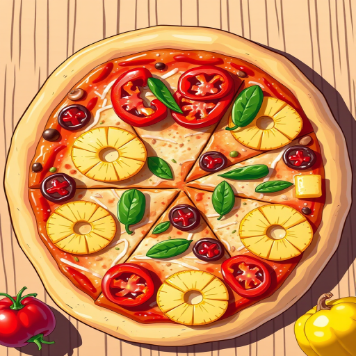 Create a vibrant illustration of a pizza topped with pepperoni, pineapple, and bell peppers, using a high-resolution digital drawing style, overhead view, with soft shadows and bright colors to enhance the details, camera settings: f/11, ISO 200, shutter speed 1/125s, using a DSLR camera.