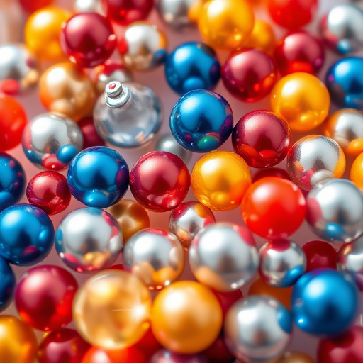 generate an abstract composition of colorful spheres including reds, blues, yellows, and silvers with a sparkling effect in a soft focus background captured with a DSLR camera at f/2.8, ISO 100, 50mm lens, top-down view, natural light style