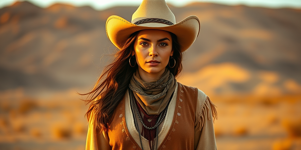 Dramatic photo of a beautiful Circassian woman, classic cowboy attire, confident and free spirit expression, half-length portrait, centered, golden hour desert landscape, warm, diffused light, low angle, medium format film camera, in style of Annie Leibovitz.
