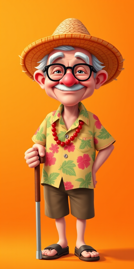 Create a vibrant illustration of a cartoon elderly character wearing a hawaiian shirt and a straw hat, holding a cane, standing against an orange background, using a Canon EOS R5 with a 50mm f/1.2 lens, aperture set to f/2.8, ISO 100, and a soft focus style for a warm, inviting look.