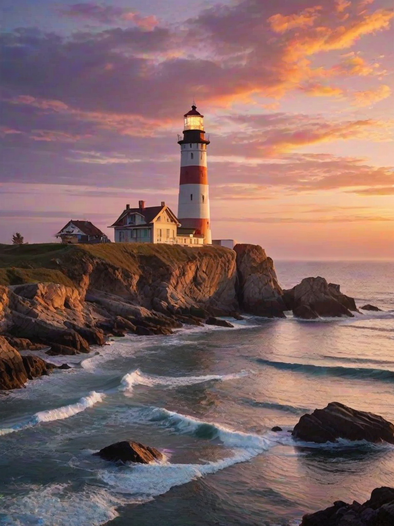 Generate an image of a tall lighthouse perched on a rocky outcrop surrounded by calm ocean waters during a breathtaking sunset. The lighthouse stands sturdy and weathered, its stone surface illuminated by the warm golden light of the setting sun. The sun's rays pass directly through the glass lantern room at the top of the lighthouse, casting a brilliant light across the scene. The sky is painted with vibrant shades of orange, pink, and purple, reflecting off the tranquil sea. The surrounding water shimmers with the same warm hues, creating a serene and majestic atmosphere.