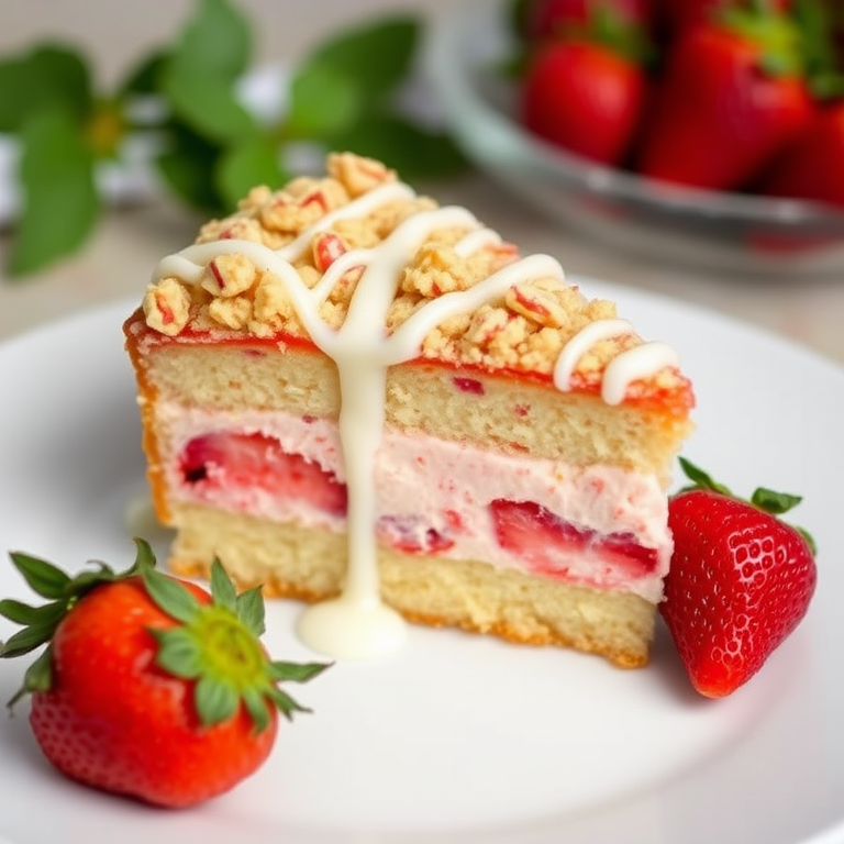 A slice of strawberry cream cake topped with crumble and drizzled with white icing served on a white plate with a fresh strawberry beside it.