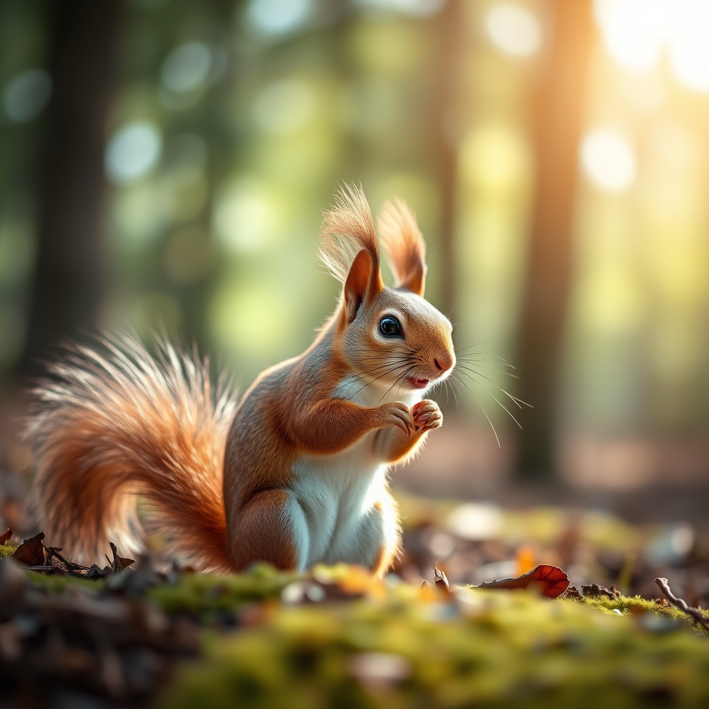 Create a hyper-realistic image of a cute squirrel standing in a forest setting, using a Canon EOS 5D Mark IV, f/2.8 aperture, 50mm lens, ISO 100, shot in natural light to enhance texture and color details.