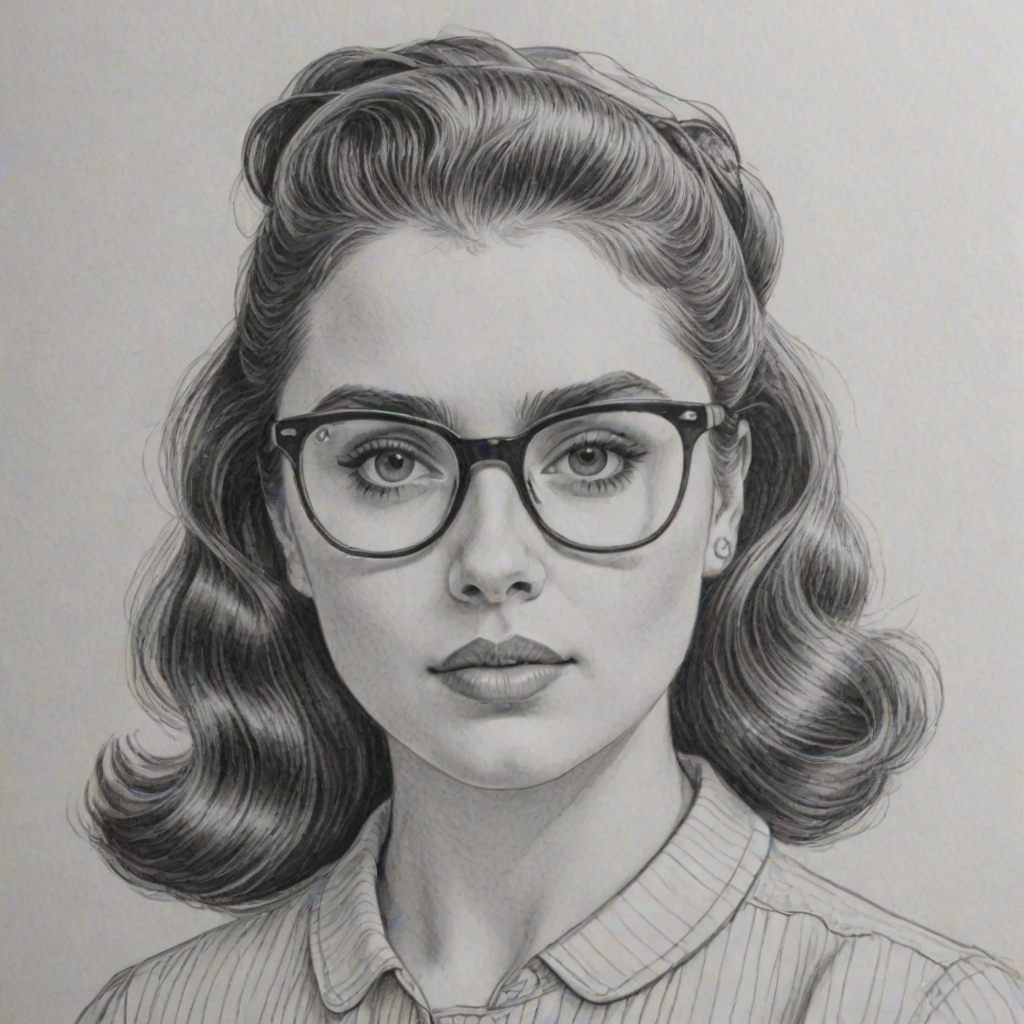 Charming Beanie Feldstein, pencil sketch, portrait of Stunning woman 1953s in glasses, hair style beatnik, outline, clear lines, fine lines, 8k