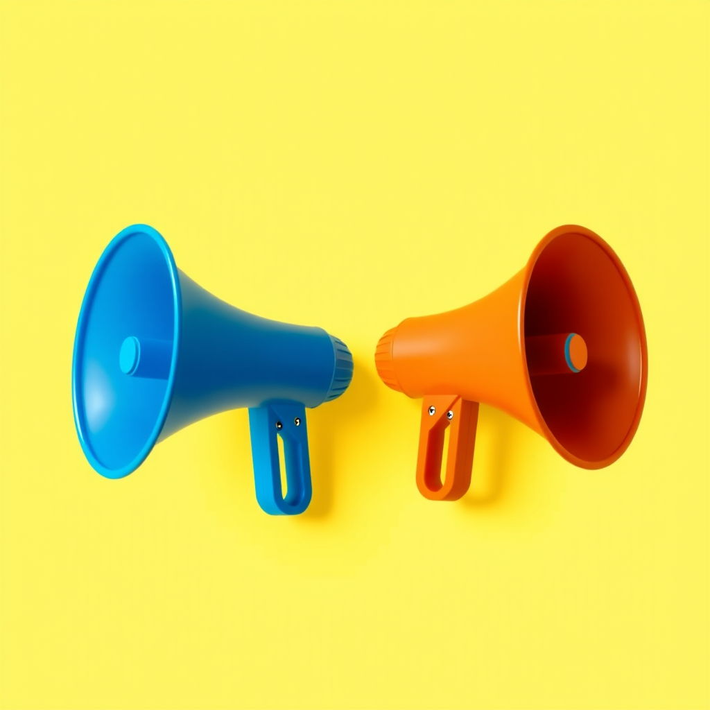 Create an illustration of two stylized megaphones on a bright yellow background, one in blue and one in orange, using a Canon EOS R5 camera with a 50mm lens f/1.8, ISO 100, shot at a 45-degree angle with soft diffused lighting for a clean, vibrant look.