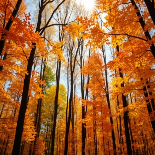 Capture a vibrant autumn forest scene with tall trees displaying colorful leaves in shades of orange and yellow, natural sunlight filtering through branches, low angle view, using a DSLR camera with a 24mm lens, aperture set to f/8 for depth of field, ISO 100 for clarity, and a tripod for stability in high dynamic range imaging.