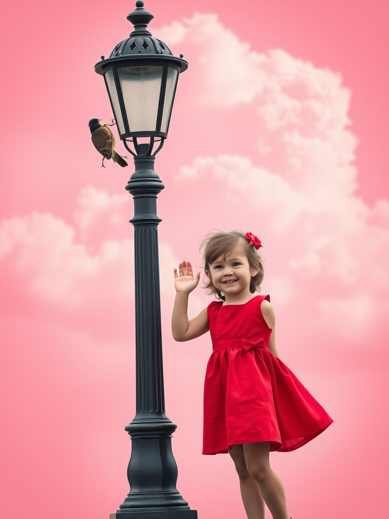 a little girl in a red dress waving beside a lamp post with a bird perched on it, pink background with clouds, soft focus, 50mm lens, f/2.8, ISO 100, shot on a DSLR, vibrant colors and high contrast, natural lighting