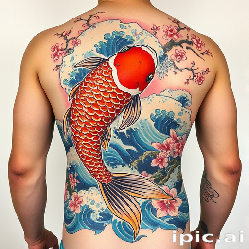 Japanese-inspired irezumi tattoo named "Koi's Ascension" featuring a large-scale, full-body design of a vibrant koi fish swimming upstream through turbulent waves and cherry blossoms, symbolizing perseverance and transformation, with bold colors and flowing lines characteristic of traditional Japanese tattooing techniques