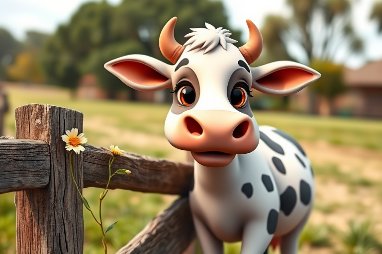 Generate a high-quality image of a cartoon cow next to a wooden fence with a flower, set in a rural landscape with trees in the background, use a DSLR camera, aperture f/2.8, shutter speed 1/500s, ISO 100, focus on the cow with a slightly blurred background for depth of field.