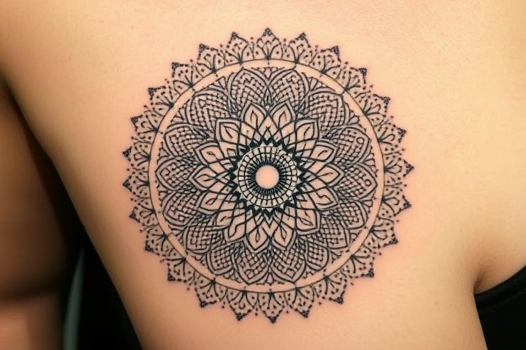 Dotwork mandala tattoo titled "Cosmic Harmony" showcasing an intricate circular pattern composed entirely of tiny dots, creating a mesmerizing optical illusion of movement and depth, with gradually increasing dot density towards the center