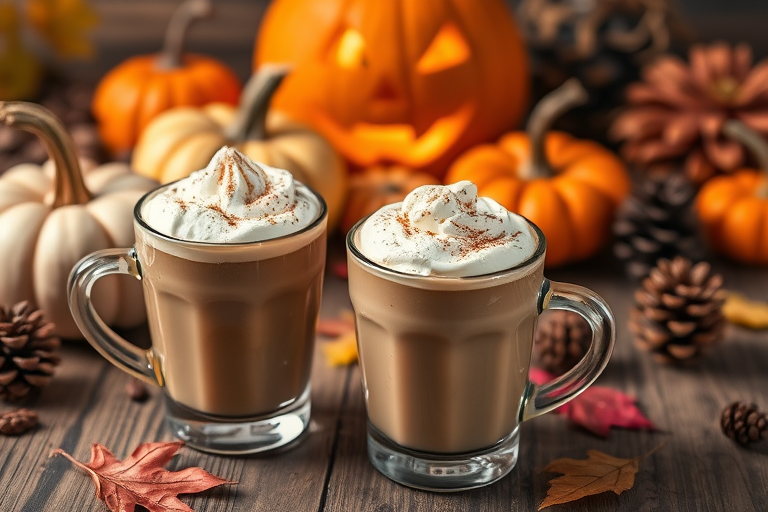 Create an autumn scene featuring two cups of creamy coffee drinks topped with whipped cream and sprinkled with cinnamon placed on a rustic wooden table surrounded by various pumpkins in shades of orange and cream a carved jack-o-lantern glowing softly in the background along with pine cones and autumn leaves for a cozy seasonal atmosphere.