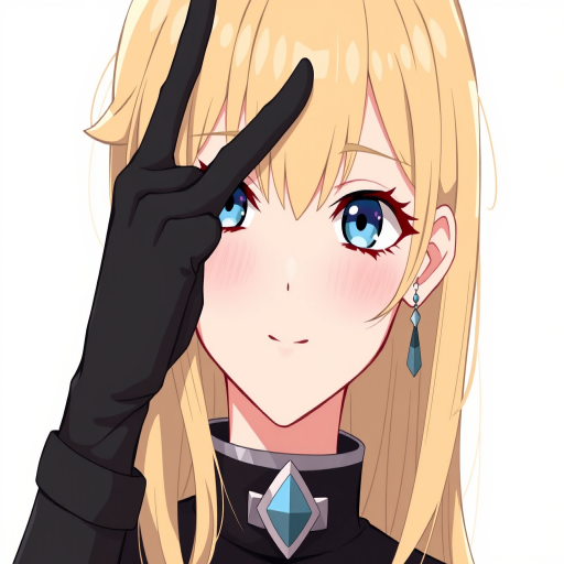 girl, belt, black gloves, blonde hair, blue eyes, breasts, closed mouth, earrings, eyelashes, gloves, high collar, jewelry, light blush, long hair, looking at viewer, necklace, smile, solo, v