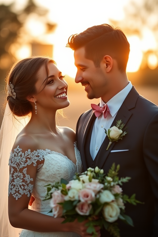 A romantic outdoor wedding couple portrait at golden hour, taken with a Canon EOS R5, 50mm lens, f/1.8 aperture, ISO 100, 1/200s shutter speed, soft focus, natural lighting, shallow depth of field.