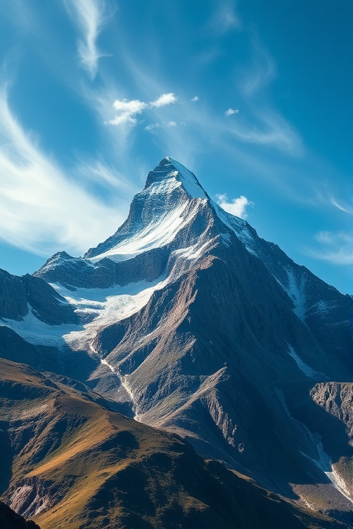 Generate a high-resolution image of a majestic mountain peak with clear blue skies and wispy clouds, captured from a low angle using a full-frame DSLR camera, aperture set to f/8 for sharp depth of field, ISO 100 for minimal noise, and a focal length of 24mm for a wide landscape view.