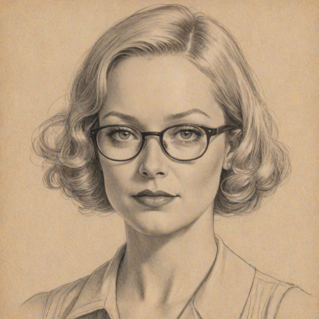 Sublime Charlotte Ross, pencil sketch, portrait of Resplendent woman 1929s in glasses, hair style beatnik, outline, clear lines, fine lines, 8k