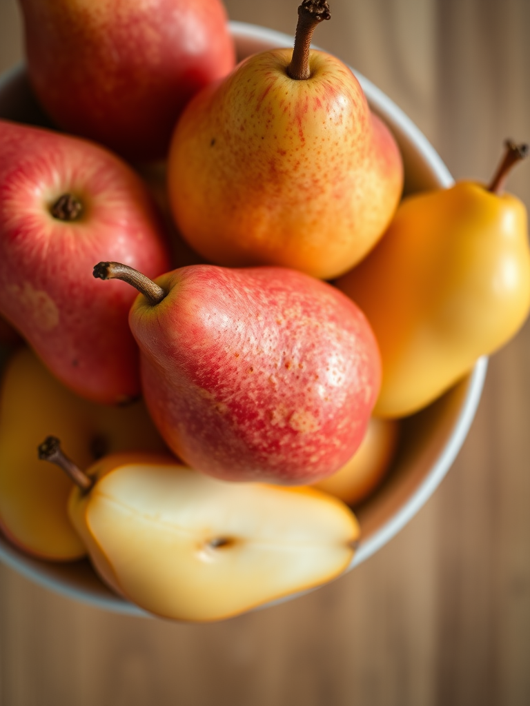photograph a bowl of red and yellow pears arranged aesthetically, using aCanon EOS 5D Mark IV camera, 50mm lens, aperture f/2.8, ISO 200, natural lighting, top-down view, focus on fruit textures and colors, soft background blur.