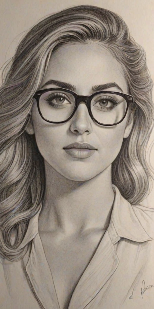 Lovely Cassie Scerbo, pencil sketch, portrait of Resplendent woman 1947s in glasses, hair style beatnik, outline, clear lines, fine lines, 8k