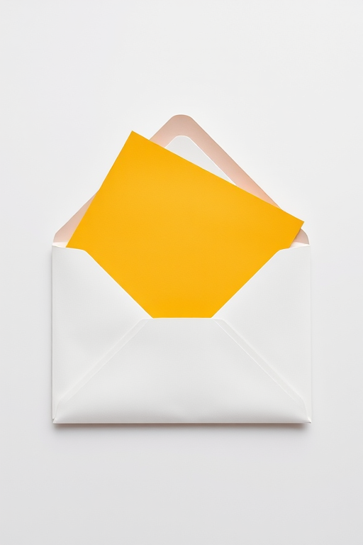 Create a high-resolution image of an envelope with a yellow letter inside, using a 50mm lens at f/2.8, ISO 100, in a flat lay style with soft, diffused lighting to enhance colors and contrast.
