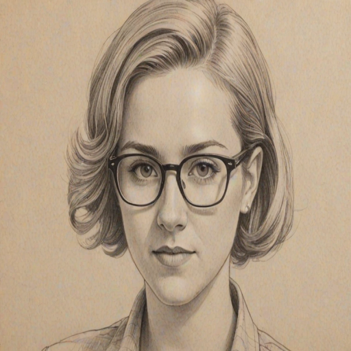 Lovely Hannah Hart, pencil sketch, portrait of Comely woman 1949s in glasses, hair style beatnik, outline, clear lines, fine lines, 8k