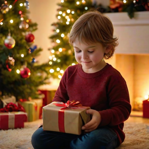Warm, softly lit image of a child sitting by a Christmas tree, unwrapping a present, soft glow from the tree lights reflecting off ornaments, the child's face lit up with joy, the smell of pine and cinnamon lingering in the air, a sense of holiday warmth and joy captured.
