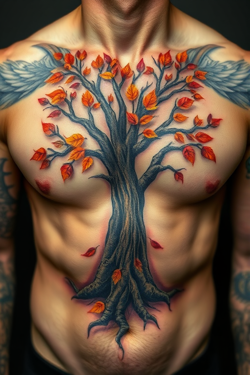 Realistic 3D body tattoo of a tree of life emerging from the skin on the chest, incorporating lifelike bark texture and vibrant autumn leaves for a stunning visual impact