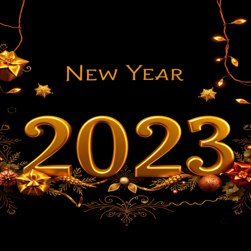 Create a vibrant new year greeting with the year 2023 in gold metallic 3D letters, adorned with ornate decorations and a rich black background, using a DSLR camera with a 50mm lens, f/2.8 aperture, ISO 100, and a balanced lighting setup for enhanced detail and color richness.