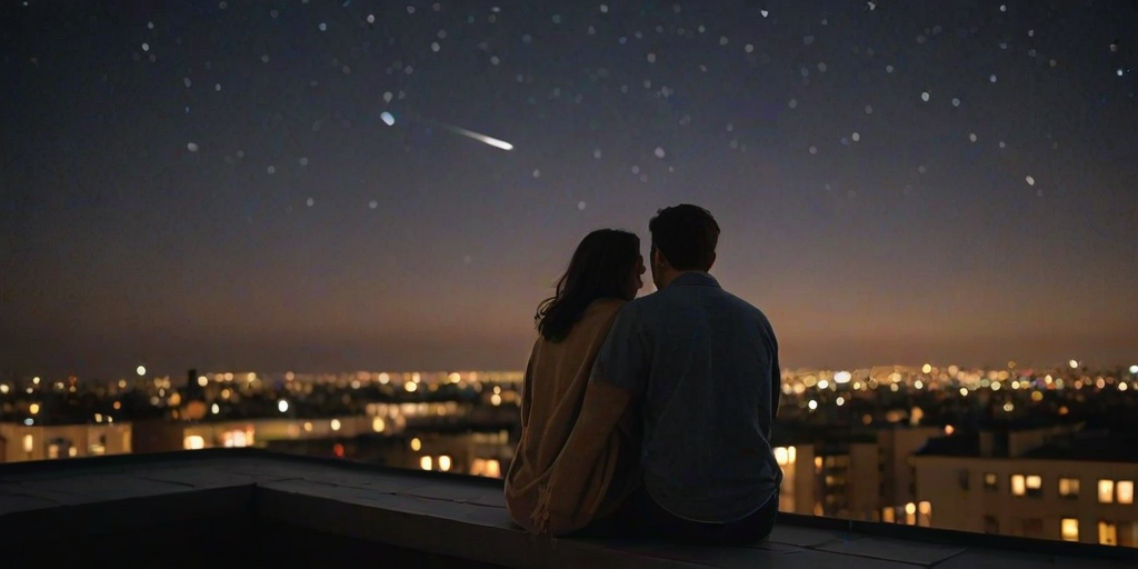 Warm, intimate image of a couple stargazing on a rooftop, soft glow from nearby city lights casting a warm hue, distant constellations visible in the clear night sky.