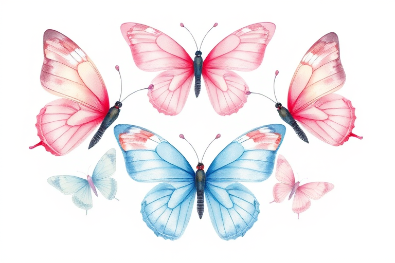 Create a watercolor illustration of five butterflies in various pastel colors, including pink and light blue. Arrange them in a circular pattern, showcasing their delicate wings and unique shapes. The background should be white to enhance the soft hues of the butterflies.