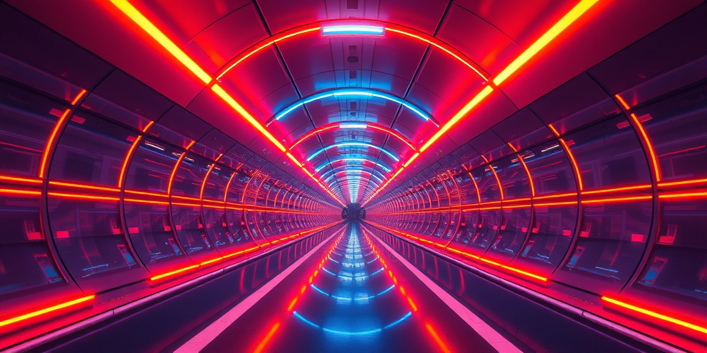 futuristic tunnel with vibrant orange and blue lights, symmetrical perspective, high resolution, 4K quality, aperture f/2.8, ISO 100, shutter speed 1/60 sec, wide angle lens, digital camera