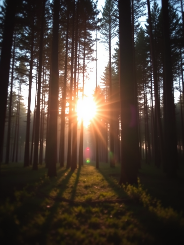Create an image of a tranquil forest scene during sunrise, capturing the light filtering through the trees, with soft focus for a dreamy effect, shot with a DSLR camera at 50mm, aperture f/2.8, ISO 200, and a wide angle view to enhance depth.