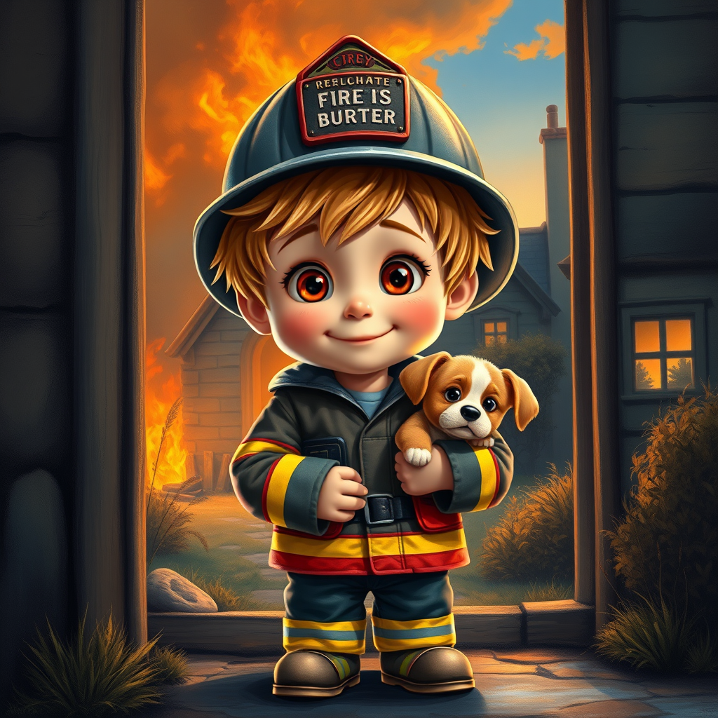 airbrushed oil painting, pixar style, cute little boy in fireman gear, helmet, tousled hair, expressive eyes, standing in the doorstep of a cottage burning behind him, holding a cute little dog in his arm, atumn sky