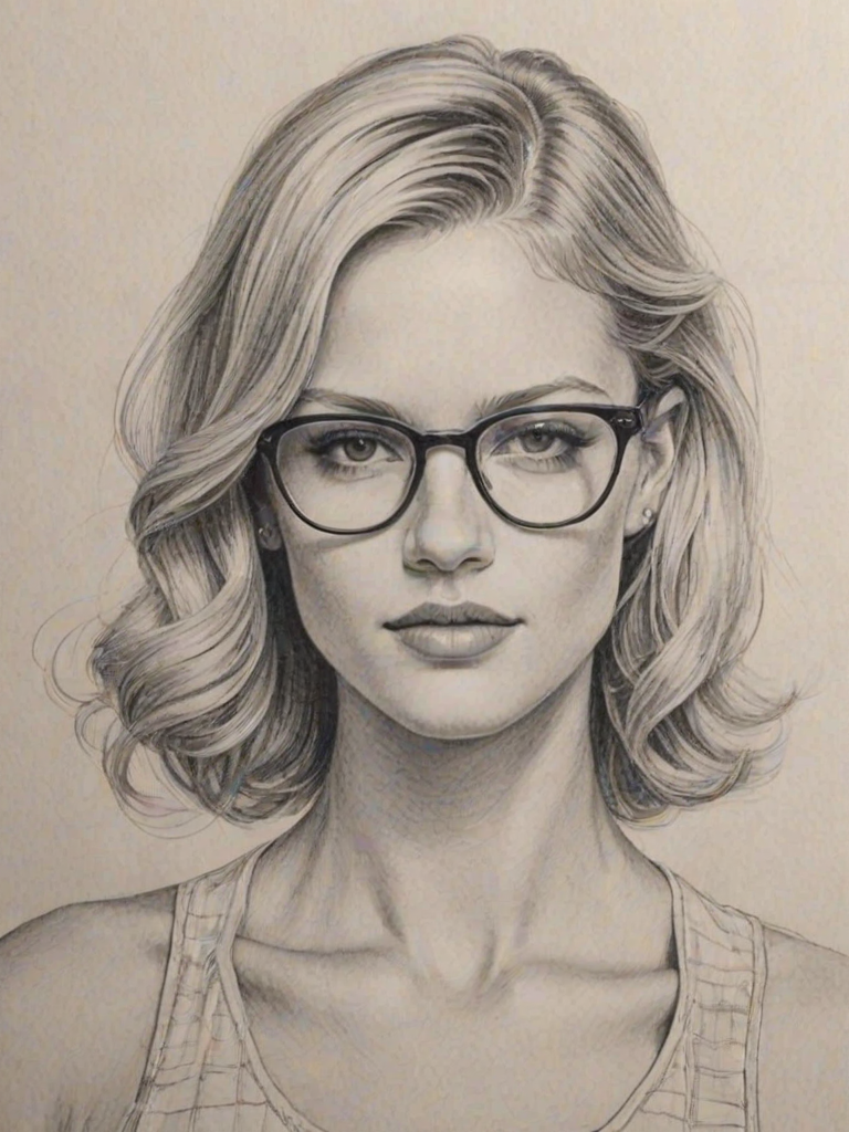 Pleasing Erin Heatherton, pencil sketch, portrait of Attractive woman 1933s in glasses, hair style beatnik, outline, clear lines, fine lines, 8k