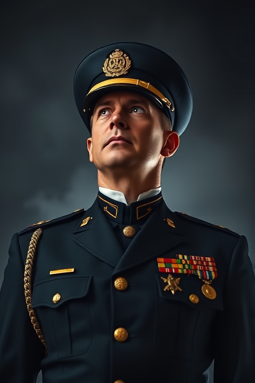 Create a high-resolution portrait of a military officer in a detailed uniform, highlighting medals and insignia, using a Canon EOS R5 camera, 85mm lens, f/1.8 aperture, 1/125 sec shutter speed, ISO 100, soft diffused lighting, and a slightly upward angled view to emphasize the subject against a dramatic background.