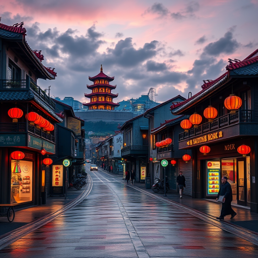Regenerate a vibrant urban landscape at dusk with traditional Chinese architecture and glowing lanterns, using a Canon EOS R5, 35mm lens, f/8 aperture, ISO 100, 1/200 sec shutter speed, capturing a wide-angle view with rich colors and reflections on wet pavement.