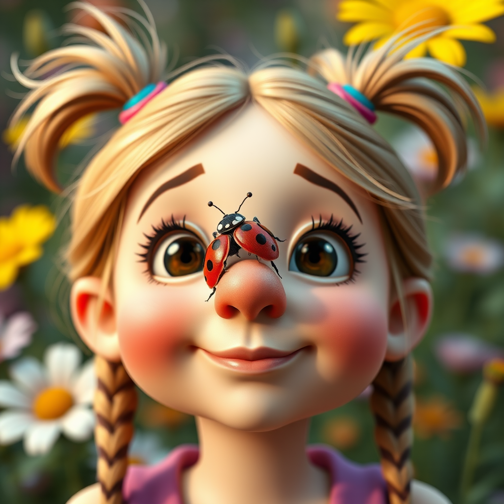 whimsical comical cartoon art Quentin Blake style, closeup portrait view of a cute girl with two ponytails in her hair, an adorable ladybug sits on her nose, funny children’s book illustration with bright colors and flowers in the background