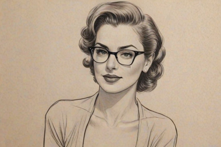 Ravishing Cristina Milian, pencil sketch, portrait of Alluring woman 1941s in glasses, hair style beatnik, outline, clear lines, fine lines, 8k