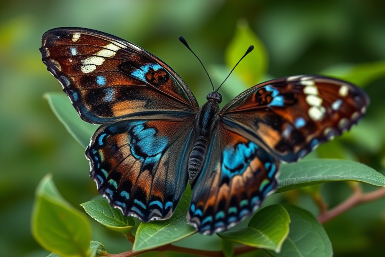 Generate an image of a butterfly resting on green leaves, showcasing intricate patterns with dark wings featuring blue and white markings. The background should be softly blurred to emphasize the butterfly's vibrant colors and details.