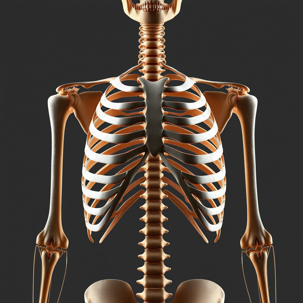 Create a high-resolution illustration of a human ribcage from a frontal view, using a DSLR camera, f-stop of 8, shutter speed of 1/60 sec, ISO 100, with soft lighting to enhance details and contrast.