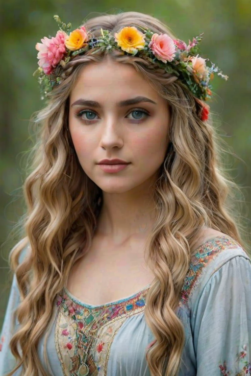 Create an image of a young Chaldean woman with long, wavy blonde hair, adorned with small, colorful flowers woven into her braids and loose strands. Her complexion is fair, with soft, glowing skin, and she has light blue eyes that gaze softly at the viewer. She wears a light, flowing dress with a gentle, ethereal quality, complementing her delicate and serene appearance. The background is slightly blurred, drawing focus to her tranquil expression and the intricate details of the flowers in her hair. The overall mood of the image is one of natural beauty and grace, evoking a sense of peacefulness and connection with nature.