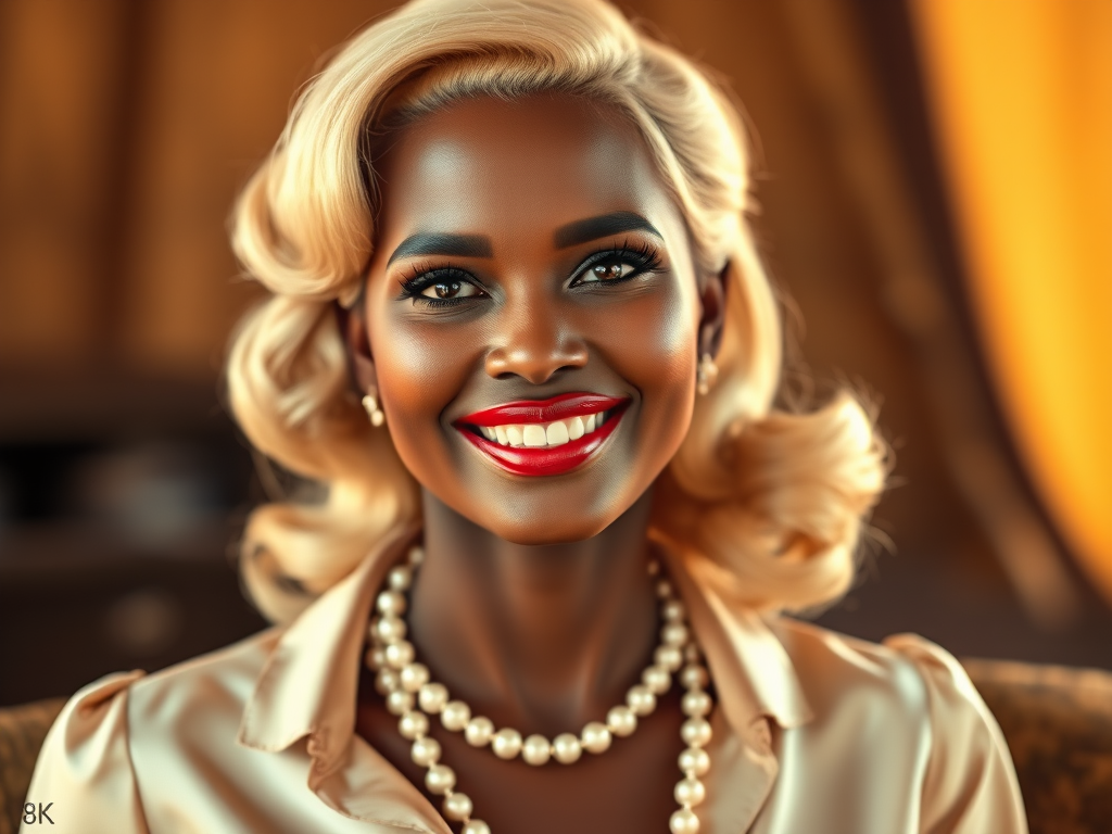 A beautiful Zulu woman reminiscent of 1950s Hollywood glamour, with perfectly styled blonde hair and a seductive smile, dressed in a satin blouse and adorned with pearls, soft and warm tones, photorealistic, 8K
