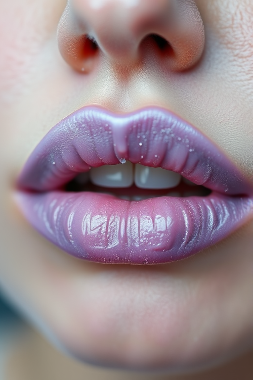 Frosted lilac lips with cool undertones, subtle metallic sheen, delicate and refined application, whimsical Lavender Frost Kiss aesthetic