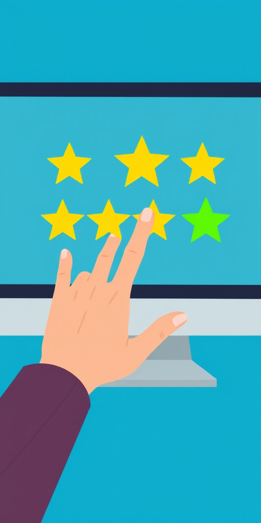 Create an illustration of a hand reaching toward a computer screen displaying a star rating system with four yellow stars and one green star, use a soft focus lens, ISO 100, aperture f/4, 50mm lens for clarity, set against a solid blue background.